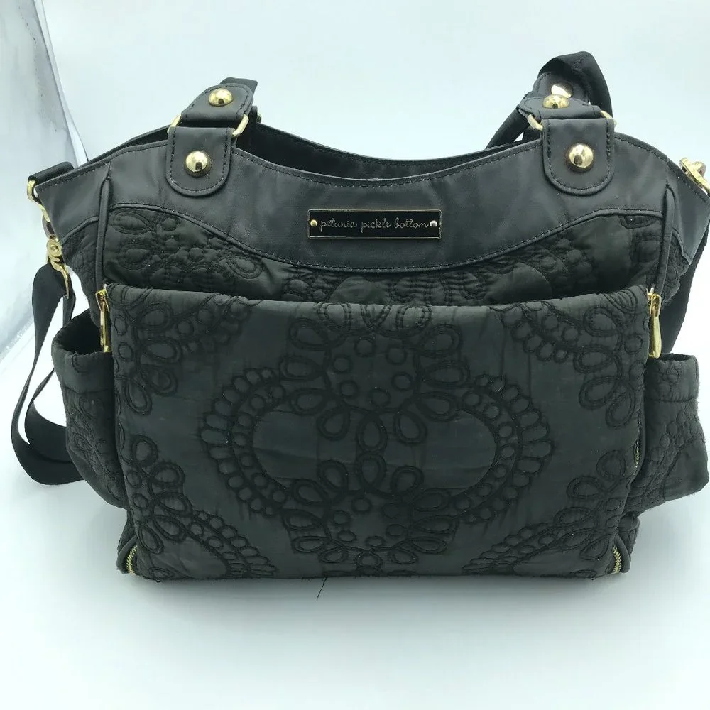 Petunia Pickle Bottom Black Quilted Floral-Embossed Diaper Bag